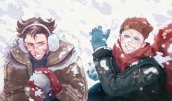2boys animification beard brown_hair coat couple crutch_c deadpool deadpool_&amp;_wolverine deadpool_(series) earmuffs facial_hair gloves green_eyes hat highres long_sleeves male_focus marvel marvel_cinematic_universe multiple_boys outdoors red_scarf scar scarf scars_all_over smile snow snowball snowball_fight snowing too_many winter winter_clothes wolverine_(x-men) x-men yaoi