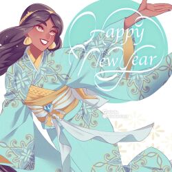 1girl aladdin_(movie) black_hair brown_eyes dark-skinned_female dark_skin earrings gem highres japanese_clothes jasmine_(disney) jewelry kimono long_hair looking_at_viewer mizala new_year single_earring smile solo very_long_hair