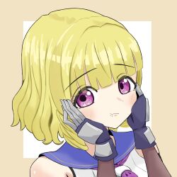 Rule 34 | 1girl, :t, assault lily, bare shoulders, blonde hair, blue sailor collar, blunt bangs, blush, border, brown border, closed mouth, commentary, gauntlets, hands on own cheeks, hands on own face, hands up, highres, imamura yukari (assault lily), looking at viewer, neckerchief, odaiba girls high school uniform, outside border, portrait, purple eyes, purple neckerchief, sailor collar, school uniform, serafuku, shirt, short hair, simple background, sleeveless, sleeveless shirt, solo, washi-san, white background, white shirt