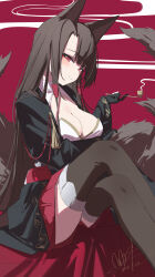 1girl absurdres akagi_(azur_lane) animal_ears azur_lane black_gloves blush breasts brown_hair brown_tail cleavage commentary eyeliner fox_ears fox_girl fox_tail gloves highres holding holding_smoking_pipe japanese_clothes kitsune kyuubi large_breasts long_hair looking_at_viewer makeup multiple_tails parted_bangs partially_fingerless_gloves qtian red_background red_eyeliner red_eyes red_skirt simple_background skirt smile smoke smoke_trail smoking_pipe solo tail
