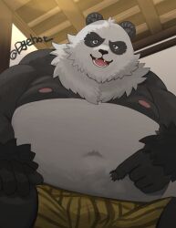1boy absurdres animal_ears artist_name bara belly biceps black_fur bulge commentary_request dagehot fangs fat furry furry_male highres looking_at_viewer looking_down male_focus multicolored_fur navel nipples open_mouth pan_yinhu panda_boy panda_ears pectorals plump smile topless_male twitter_username white_fur zenless_zone_zero
