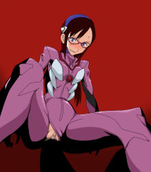 black_hair blue_eyes censored cl-55 glasses makinami_mari_illustrious mecha_pilot_suit neon_genesis_evangelion plugsuit_(evangelion) pussy tagme