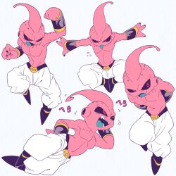1boy antennae aqua_tongue arms_behind_back arms_out_to_sides black_bracer black_nails black_sclera black_shoes bracer clenched_hand collarbone colored_sclera colored_skin colored_tongue commentary dragon_ball dragonball_z evil_eyes evil_smile fangs feet_together fist_up flying_sweatdrops full_body gold_buckle gold_trim hand_on_own_hip head_rest head_resting_on_hand hole_on_body in_air kid_buu knee_up knees_apart_feet_together looking_ahead looking_to_the_side lying majin_buu male_focus midair multiple_views navel no_eyebrows on_side open_mouth outstretched_arms pants pectorals pink_skin red_eyes sharp_teeth shirtless_male shoes simple_background smile solo teeth tongue tongue_out topless_male translation_request white_background white_pants