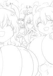 2girls 4girls bikini blush breasts cleavage closed_eyes cool-kyou_shinja gigantic_breasts glaring highres horns huge_breasts kobayashi-san_chi_no_maidragon long_hair lucoa_(maidragon) maid_headdress micro_bikini multiple_girls open_mouth sketch striped_bikini striped_clothes swimsuit tohru_(maidragon)