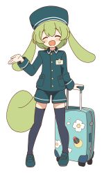1girl :d ^_^ absurdres alternate_costume animal_ears black_thighhighs blush closed_eyes collared_shirt commentary_request dot_nose facing_viewer floppy_ears full_body green_hair green_hat green_shirt green_shoes green_shorts hand_up hat highres long_hair long_sleeves open_mouth ponytail shirt shoes shorts simple_background smile solo standing suitcase thighhighs voicevox white_background zundamon zungurimukkuri_tarou