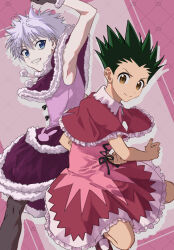 2boys arm_up armpits biscuit_krueger biscuit_krueger_(cosplay) black_gloves black_pantyhose blue_eyes brown_eyes capelet closed_mouth cosplay crossdressing dress fishnet_pantyhose fishnets frilled_capelet frilled_dress frills fur-trimmed_gloves fur-trimmed_skirt fur_trim gloves gon_freecss green_hair grin highres hunter_x_hunter killua_zoldyck looking_at_viewer male_focus multiple_boys pantyhose pink_background pink_dress purple_skirt re_tae44 red_capelet short_dress skirt smile socks spiked_hair white_hair white_socks