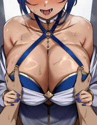 1girl blue_hair blue_nails breasts cleavage dark-skinned_female dark_skin grabbing_another&#039;s_breast groping guided_breast_grab guiding_hand highres huge_breasts large_breasts looking_at_viewer nanashi_inc. open_mouth shimamura_cha shimamura_charlotte shimamura_charlotte_(9th_costume) sweat virtual_youtuber