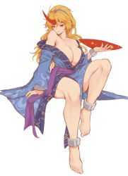 alcohol ankle_cuffs bare_legs barefoot blonde_hair blue_kimono breasts cleavage collarbone cuffs cup edz_drawz full_body horns hoshiguma_yuugi hoshiguma_yuugi_(kimono) japanese_clothes kimono large_breasts long_hair long_sleeves looking_at_viewer off_shoulder ponytail purple_sash red_eyes red_horns sakazuki sake sash shackles simple_background single_horn sitting toes touhou unfinished very_long_hair white_background wide_sleeves