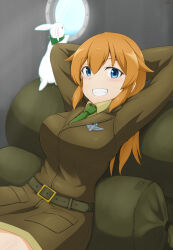 Rule 34 | 1girl, arms behind back, belt, blue eyes, breasts, charlotte e. yeager, green jacket, green necktie, highres, indoors, insignia, jacket, kukoroko, large breasts, long hair, looking at viewer, military, military uniform, necktie, orange hair, rabbit, smile, strike witches, window, world witches series