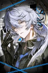 1boy black_gloves black_shirt blue_necktie collared_shirt commentary gloves grey_hair hair_between_eyes hand_up highres honkai:_star_rail honkai_(series) long_hair looking_at_viewer male_focus necktie nong_345 parted_lips portrait shirt solo sunday_(honkai:_star_rail) symbol-only_commentary twitter_username watermark wing_collar yellow_eyes