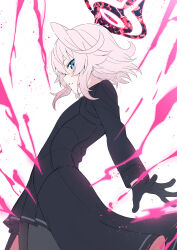 1girl absurdres black_dress black_gloves black_halo blue_archive blue_eyes dress gloves halo highres hoshino_(blue_archive) hoshino_terror_(blue_archive) long_sleeves looking_at_viewer mistel_(sukebemistel) parted_lips pink_hair profile short_hair solo white_background