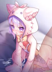 1boy 1girl akimiya_yamiku animal_hood armpit_sex bar_censor breasts censored commentary_request cum cum_on_body cum_on_breasts cum_on_upper_body facial hetero highres hood hood_up lily_ange loli nipples open_mouth penis purple_eyes purple_hair small_breasts solo_focus x-ray