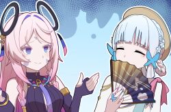 Rule 34 | 2girls, ayaka (genshin impact), bare shoulders, blue background, blue eyes, blue flower, blue hair, blue vest, blunt bangs, bow, braid, breasts, bridal gauntlets, brown hat, butterfly hair ornament, buttons, citlali (genshin impact), closed eyes, closed mouth, commentary request, covering own mouth, eyeshadow, facial mark, flower, forehead mark, genshin impact, gold armlet, gold necklace, hair flower, hair ornament, hand fan, hand up, hands up, hat, heattech leotard, highres, holding, holding fan, jewelry, kamisato ayaka, kamisato ayaka (springbloom missive), leotard, long hair, looking at another, makeup, medium breasts, mole, mole under eye, multiple girls, nail polish, necklace, necktie, official alternate costume, official alternate hairstyle, pink bow, pink hair, pink nails, pink pupils, purple leotard, purple necktie, red eyeshadow, shirt, short hair, sidelocks, simple background, smile, soku (bluerule-graypray), turtleneck, twin braids, upper body, vest, white shirt