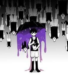 Rule 34 | 6+boys, antenna hair, black eyes, black hair, black shoes, black socks, black sweater vest, black tank top, closed mouth, collarbone, collared shirt, colored skin, decapitation, expressionless, highres, holding, holding umbrella, inksweater, kneehighs, loafers, looking at viewer, male focus, multiple boys, omori, omori (omori), shirt, shoes, short hair, short sleeves, socks, standing, sunny (omori), sweater vest, tank top, umbrella, white skin