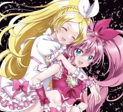 Rule 34 | 2girls, ^ ^, arms around neck, bare shoulders, black background, blonde hair, blue eyes, bow, bow choker, bow hairband, bowtie, braid, brooch, carrying, choker, closed eyes, confetti, cowboy shot, crop top, crown braid, cure melody, cure rhythm, dated, dot nose, dress, earrings, eyelashes, frilled arm warmers, frilled dress, frilled shirt, frills, hair between eyes, hair ornament, hairband, happy, heads together, heart, heart brooch, heart earrings, heart hair ornament, heart print, highres, houjou hibiki, jewelry, light blush, long hair, magical girl, midriff, minamino kanade, multiple girls, okayashi, open mouth, petticoat, piggyback, pink arm warmers, pink bow, pink bowtie, pink choker, pink hair, pink shorts, precure, puffy short sleeves, puffy sleeves, red dress, shirt, short dress, short sleeves, shorts, signature, sleeveless, sleeveless shirt, smile, suite precure, teeth, twintails, twintails with braided base, upper teeth only, very long hair, white arm warmers, white bow, white bowtie, white choker, white hairband, wrist bow