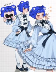 1girl :d animal_ear_fluff animal_ears ankle_belt artist_name bear_ears bear_girl belt belt_buckle bib_collar black_belt black_shoes blue_bow blue_bowtie blue_dress blue_hair blue_sash blunt_bangs blunt_ends blunt_sidelocks blurry_edges blush blush_stickers bob_cut bow bow_print bowtie breasts buckle buttons center-flap_bangs character_watermark chibi chibi_inset chromatic_aberration closed_mouth collared_dress commentary copyright_notice double-parted_bangs dress dress_bow english_commentary english_text eyebrows_hidden_by_hair fang feet_out_of_frame fingernails frilled_dress frills from_above from_side full_body go!_go!_gris! grid_background grin gris_(go!_go!_gris!) hair_intakes half_updo hand_up hands_on_own_hips happy heart heart_in_eye highres invisible_floor kneehighs kohai_hime lace lace-trimmed_dress lace_trim layered_dress leaning_back light_blush long_eyelashes long_fingernails long_sleeves looking_at_viewer looking_to_the_side looking_up mary_janes medium_dress meme multiple_views open_hands open_mouth outline outstretched_arm outstretched_arms outstretched_hand parted_hair pink_eyes ponytail puffy_long_sleeves puffy_sleeves raised_eyebrows raised_inner_eyebrows red_eyes sash shoes short_hair short_ponytail sidelocks signature small_breasts smile socks solid_circle_pupils sparkling_eyes standing star_(symbol) symbol_in_eye talking thick_eyelashes tongue tongue_out twitter_username two-tone_dress waist_bow waist_sash walking white_background white_dress white_outline white_sleeve_cuffs white_socks wide-eyed wing_collar yurie_mouth