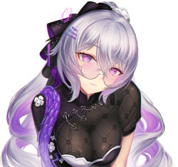 1girl black_dress breasts bronya_zaychik bronya_zaychik_(heart_of_the_night) bronya_zaychik_(silverwing:_n-ex) cleavage dress glasses grey_eyes grey_hair hair_ornament hairclip heart heart-shaped_pupils honkai_(series) honkai_impact_3rd large_breasts long_hair looking_at_viewer looking_over_eyewear looking_over_glasses maoh_yueer multicolored_hair official_alternate_costume purple-tinted_eyewear purple-tinted_glasses rimless_eyewear round_eyewear short_sleeves solo sunglasses symbol-shaped_pupils tinted_eyewear two-tone_hair upper_body very_long_hair wavy_hair
