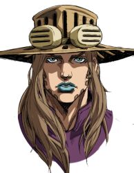 1boy anime_coloring araki_hirohiko_(style) beard blue_lips brown_hair cowboy_hat facial_hair goggles goggles_on_headwear grandguerrilla green_eyes gyro_zeppeli hat high_collar jojo_no_kimyou_na_bouken long_hair portrait purple_shirt shirt steel_ball_run