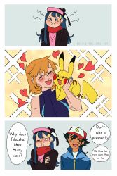 1boy 2girls :t aged_up ash_ketchum beanie black_hair blue_eyes blue_hair blue_jacket blush breasts closed_eyes closed_mouth crossed_arms dawn_(pokemon) english_text eyelashes gen_1_pokemon hat heart jacket jealous jewelry long_hair misty_(pokemon) multiple_girls necklace nintendo on_shoulder open_mouth orange_hair pikachu pokemon pokemon_(anime) pokemon_(creature) pokemon_dppt pokemon_on_shoulder pokemon_rgby pout red_scarf scarf shirt short_hair sleeveless smile tsundere