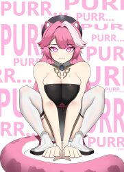 1girl :3 absurdres all_fours animal_ears beret black_tube_top breasts cleavage detached_collar hat highres hololive hololive_english large_breasts long_hair looking_at_viewer panther_ears panther_girl pink_hair raora_panthera solo squatting strapless thighhighs tube_top virtual_youtuber white_streaks white_thighhighs xnijg