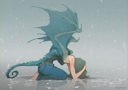 1girl artist_name bare_shoulders barefoot blue_pants blue_scales brown_hair commentary demizu_posuka denim dragon_girl dragon_tail dragon_wings from_side grey_background holding_detached_head in_water jeans kneeling leaning_forward long_hair monster_girl monsterification original pain pants rain solo tail transformation wings