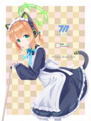1girl absurdres animal_ear_headphones animal_ears apron aqua_bow aqua_bowtie artist_name back_bow black_dress black_tail blonde_hair blue_archive blush border bow bowtie cat_ear_headphones cat_ears cat_tail checkered_background collared_dress commentary_request contrast_collar dress english_text eyes_visible_through_hair fake_animal_ears fake_tail feet_out_of_frame frilled_apron frilled_dress frills from_side green_eyes green_halo hair_bow halo headphones highres holding ilea_blanche leaning_forward lifted_by_tail long_sleeves looking_at_viewer maid maid_apron maid_headdress medium_hair midori_(blue_archive) midori_(maid)_(blue_archive) millennium_science_school_logo official_alternate_costume official_alternate_hairstyle outside_border pantyhose parted_bangs parted_lips ponytail puffy_long_sleeves puffy_sleeves sidelocks simple_background solo standing star_(symbol) star_in_eye symbol_in_eye tail tail_raised tareme twitter_username white_apron white_border white_bow white_headdress white_pantyhose yellow_background