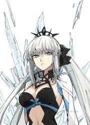 Rule 34 | 1girl, black bow, black dress, black tiara, blue eyes, bow, braid, dress, fate/grand order, fate (series), hair between eyes, hair bow, half up braid, highres, ki wa001, long hair, long sleeves, looking at viewer, morgan le fay (fate), morgan le fay (third ascension) (fate), ponytail, simple background, solo, spikes, tiara, white hair, wide sleeves