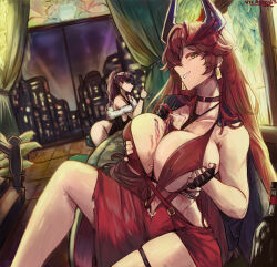 2girls absurdres artist_name between_breasts breast_lift breasts choker cleavage commentary covered_erect_nipples cup dolla_(dark_rose)_(nikke) dolla_(nikke) dress drinking_glass english_commentary from_side goddess_of_victory:_nikke highres jewelry large_breasts looking_at_viewer multiple_girls navel red_dress red_hair red_hood_(nikke) red_hood_(nonsense_red)_(nikke) self-upload thigh_strap vicarious wine_glass