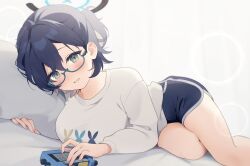 1girl blue-framed_eyewear blue_archive blue_hair blue_halo blue_shorts blush breasts chihiro_(blue_archive) chihiro_(pajamas)_(blue_archive) commentary_request cure_mumu dolphin_shorts feet_out_of_frame glasses grey_eyes halo highres indoors large_breasts long_sleeves looking_at_viewer medium_hair on_bed pillow ponytail semi-rimless_eyewear short_shorts shorts smile solo sweater under-rim_eyewear white_sweater