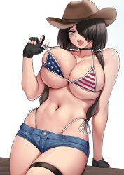 1girl american_flag american_flag_bikini american_flag_print bikini bikini_top_pull breasts choker cowboy_hat denim denim_shorts ela_angraeni_(rev60) fence fingerless_gloves flag_print flag_print_bikini gloves hair_ornament hair_over_one_eye hat highleg highleg_bikini highres midriff navel navel_piercing non-web_source open_clothes open_vest original piercing print_bikini rev60 shorts side-tie_bikini_bottom swimsuit thigh_strap thong tongue tongue_out vest wooden_fence