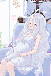 1boy 1girl ^_^ absurdres ahoge artist_name bare_legs black_necktie blue_archive blush closed_eyes commentary couch cup demon_horns demon_wings dress feet_out_of_frame grey_hair hair_between_eyes halo hand_on_own_stomach highres hina_(blue_archive) holding holding_cup horns indoors jewelry long_hair long_hair_between_eyes mug multiple_horns necktie nekoya_(liu) on_couch out_of_frame pregnancy_halo pregnant pregnant_loli ring shirt sitting smile solo_focus twitter_username very_long_hair wedding_ring white_dress white_shirt wings