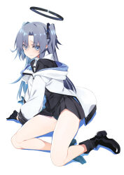 10mo 1girl ascot black_ascot black_boots black_gloves black_panties black_skirt blue_archive blue_eyes blush boots closed_mouth commentary_request full_body gloves grey_hair halo highres jacket long_hair long_sleeves looking_at_viewer miniskirt off_shoulder panties pantyshot pleated_skirt shirt simple_background sitting skirt solo sweat two_side_up underwear wavy_mouth white_background white_shirt yuuka_(blue_archive)