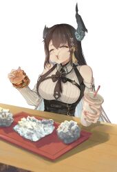 1girl absurdres asymmetrical_horns black_hair black_horns black_vest blue_hair burger cheese closed_eyes colored_inner_hair cup disposable_cup dress_shirt eating food harikyon_dzs highres holding holding_burger holding_food hololive hololive_english horns long_hair meat mole mole_under_eye multicolored_hair nerissa_ravencroft nerissa_ravencroft_(1st_costume) shirt simple_background solo table tomato tomato_slice tray vest virtual_youtuber white_background white_shirt