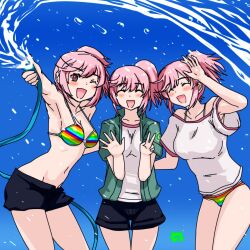 3girls alternate_costume bare_shoulders bikini bikini_bottom_only bikini_top_only black_shorts blush closed_eyes cowboy_shot green_jacket hair_between_eyes hose jacket japari_symbol kemono_friends kusamogura looking_at_viewer midriff multiple_girls nana_(kemono_friends) navel one_eye_closed open_clothes open_jacket open_mouth pink_hair pink_trim rainbow_bikini shirt short_hair short_shorts short_sleeves shorts side_ponytail sidelocks sleeveless smile spaghetti_strap swimsuit t-shirt water white_shirt
