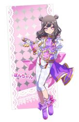 1girl arm_behind_back brown_hair dot_nose double_bun expressionless full_body gloves hair_bun hand_up highres holding holding_microphone idol idol_clothes kiratto_pri_chan long_sleeves looking_at_viewer medium_hair microphone my_chara_(kiratto_pri_chan) no_pupils pink_sash pretty_series purple_eyes purple_shoes sash shoes shorts solo standing translated wavy_hair white_background white_gloves white_shorts yadehi