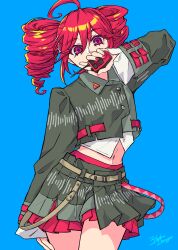 3sanshokudango3 ahoge artist_name belt belted_jacket blue_background buttons collared_jacket colored_eyelashes covering_own_mouth cropped_jacket cropped_shirt double-parted_bangs drill_hair eyelashes eyelashes_through_hair flat_chest grey_jacket hair_between_eyes hair_ornament hand_on_own_thigh hand_over_own_mouth highres holding holding_walkie-talkie jacket kasane_teto kasane_teto_(voicepeak) lapel_pin layered_skirt long_sleeves looking_at_viewer multicolored_jacket multiple_belts nail_polish navel pink_eyes pink_hair pink_nails pleated_skirt sidelocks signature simple_background skirt sleeve_cuffs solo thick_eyelashes twin_drills two-tone_jacket voicepeak walkie-talkie x_hair_ornament zipper zipper_skirt