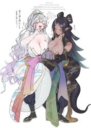 1boy 2girls absurdres ahoge black_hair black_kimono blush breasts cleavage commentary_request dark-skinned_female dark_skin fangs gradient_hair green_hair hair_ornament highres japanese_clothes kanzashi kimono large_breasts lifting_person multicolored_hair multiple_girls open_mouth original pink_hair pointy_ears skin_fangs smile snake snake_girl snake_tail tabi tail white_hair white_kimono yayoi_maka yellow_eyes