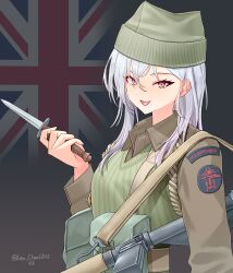 Rule 34 | 1girl, absurdres, ammunition pouch, artist name, belt, british army, brown belt, brown jacket, commentary, flag background, green hat, green vest, gun sling, hat, highres, holding, holding knife, holding weapon, jacket, knife, leochan1202, long hair, long sleeves, looking at viewer, military, military operator, military uniform, original, patch, pouch, red eyes, shoulder patch, smile, solo, sten gun, suspenders, union jack, unit patch, upper body, vest, weapon, white hair, world war ii