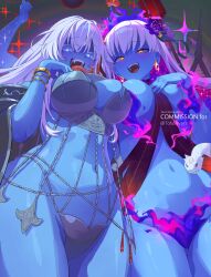 2girls armor bare_shoulders belly_chain bikini_armor blue_eyes blue_fire blue_hair blue_skin bracelet breasts chakram cleavage club_(weapon) colored_inner_hair colored_skin earrings extra_arms fate/grand_order fate_(series) fire flower glowing glowing_eyes hair_flower hair_ornament hair_ribbon highres jewelry kali_(fate) kama_(fate) kama_(swimsuit_avenger)_(fate) kama_(swimsuit_avenger)_(third_ascension)_(fate) large_breasts long_hair looking_at_viewer lotus multicolored_hair multiple_girls navel neck_ring necklace notcy4n open_mouth polearm revealing_clothes ribbon sash smile snake spear star_(symbol) star_earrings thighs third_eye tongue tongue_out two-tone_hair very_long_hair weapon white_hair yellow_eyes