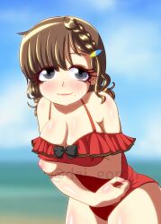 Rule 34 | 1girl, asahi (kancolle), asahi (swimsuit) (kancolle), blue sky, braid, breasts, brown hair, casual one-piece swimsuit, cleavage, cloud, commentary request, frilled one-piece swimsuit, frills, grey eyes, kantai collection, large breasts, mole, mole under mouth, official alternate costume, one-piece swimsuit, red one-piece swimsuit, short hair, side braids, single braid, sky, smile, solo, swimsuit, takumiso, watermark