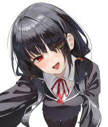 1girl absurdres black_hair black_jacket blazer blush braid bsm_(tcsv2827) collared_shirt date_a_live hair_over_one_eye heterochromia highres jacket lapels long_hair low_twintails neckerchief open_mouth pleated_skirt red_eyes red_neckerchief school_uniform shirt simple_background skirt tokisaki_kurumi tongue tongue_out twin_braids twintails white_background yellow_eyes