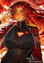 1girl armband black_bodysuit bngb_love bodysuit breasts cigarette gebura_(project_moon) grey_eyes heterochromia highres jacket large_breasts lobotomy_corporation long_hair long_sleeves looking_at_viewer parted_bangs project_moon red_armband red_background red_hair red_jacket scar scar_on_face sidelocks simple_background smoking solo standing upper_body very_long_hair yellow_eyes
