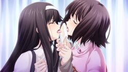 Rule 34 | 1boy, 1girl, bad link, black hair, blush, brother and sister, brown hair, chaos;child, chaos;child love chu chu!!, clenched hand, closed eyes, cream, crossdressing, dripping, eating, fellatio, food, food on body, game cg, glistening eyelids, hairband, highres, holding, holding food, holding popsicle, ice cream, licking, long hair, long sleeves, melting, melting popsicle, messy, multiple girls, non-web source, official art, oral, pink sweater, popsicle, popsicle stick, sasaki mutsumi, sexually suggestive, short hair, siblings, simulated fellatio, sleeves past wrists, suggestive fluid, sweater, tachibana yui, tachibana yuuto, tongue, tongue out, upper body, white hairband