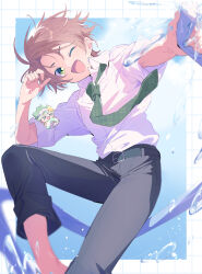 &gt;_&lt; 2boys barefoot belt black_belt black_pants blue_sky border brown_hair chibi cloud collared_shirt daichi_(shugo_chara!) day dot_nose dress_pants feet_out_of_frame floating_clothes green_eyes green_hat green_innertube green_necktie grid_border hair_ornament hand_on_own_head happy hat highres holding holding_hose holding_swim_ring hose innertube knee_up male_focus mini_person miniboy multiple_boys necktie one_eye_closed open_mouth outdoors outside_border outstretched_arm pants plaid_clothes plaid_necktie serizawa_serizane shirt short_hair short_sleeves shugo_chara! sky smile solo_focus souma_kuukai star_(symbol) star_hair_ornament summer swim_ring two-tone_innertube water water_drop white_border white_innertube white_shirt