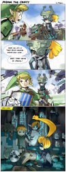 4koma blonde_hair blue_eyes bokoblin comic doll english_text fang green_hat hand_to_own_mouth hat hat_over_one_eye highres holding holding_sword holding_weapon hyrule_warriors jam link mannequin mask midna nintendo pointing prehensile_hair shield stuffed_animal stuffed_toy stuffing stup-jam sword tail tail_wagging the_legend_of_zelda weapon wolf yandere