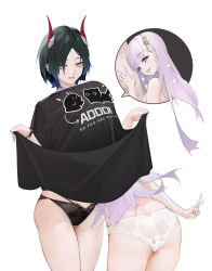 Rule 34 | 2girls, absurdres, ass, azur lane, black hair, black panties, breasts, character request, clothes lift, clothes writing, creator connection, grabbing another&#039;s breast, groping, head under another&#039;s clothes, head under shirt, highres, horns, inset, leaning forward, long hair, multiple girls, nanonuo, no bra, panties, parted lips, plymouth (azur lane), purple eyes, purple hair, shirt lift, short hair, simple background, skindentation, small breasts, smile, ulrich von hutten (azur lane), under another&#039;s clothes, under shirt, underwear, underwear only, v, very long hair, white background, white panties, wristband, yellow eyes