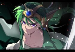 1boy black_background black_border blue_gemstone border character_ear_piercing collarbone commentary_request dasaku1028 dragon_quest dragon_quest_iv earrings film_grain fins floating_clothes forehead_protector gem green_tunic head_fins hero_(dq4) highres jewelry letterboxed long_hair looking_at_viewer looking_up male_focus purple_eyes serious shirt single_earring slime_(dragon_quest) solo tunic white_shirt