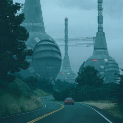 architecture car cloud cloudy_sky ford ford_crown_victoria ford_crown_victoria_(1st_generation) grass highres motor_vehicle no_humans official_art outdoors power_lines road science_fiction simon_stalenhag sky the_electric_state tree