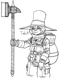 1boy backpack bag crossover ghal_maraz hair_between_eyes hat highres holding holding_weapon monochrome pocket short_hair solo sousou_no_frieren the_citadel tycho_(the_citadel) vase war_hammer warhammer_fantasy weapon wearing_sign