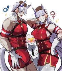 1girl 2boys adapted_costume animal_ears arm_up armband bare_shoulders biting_own_lip blunt_bangs blush bow bowtie breasts buttons collared_shirt commentary covered_abs covered_pectorals crossed_arms dress dual_persona ear_bow ear_covers genderswap genderswap_(mtf) gloves gold_ship_(umamusume) grey_pantyhose hand_on_own_hip height_difference highres horse_boy horse_ears horse_girl horse_tail huge_breasts kurenaiz_(kuayrenaiz) large_pectorals long_hair looking_at_another mars_symbol multiple_boys necktie nervous_sweating nose_blush pantyhose pectorals pillbox_hat purple_bow recursive_genderswap red_dress red_eyes seductive_smile shirt short_dress short_hair short_necktie sideboob smile sweat symbol-only_commentary t-head_trainer_(umamusume) tail tall_female tall_male tongue tongue_out trainer_(umamusume) umamusume unitard v-shaped_eyebrows venus_symbol very_long_hair white_gloves